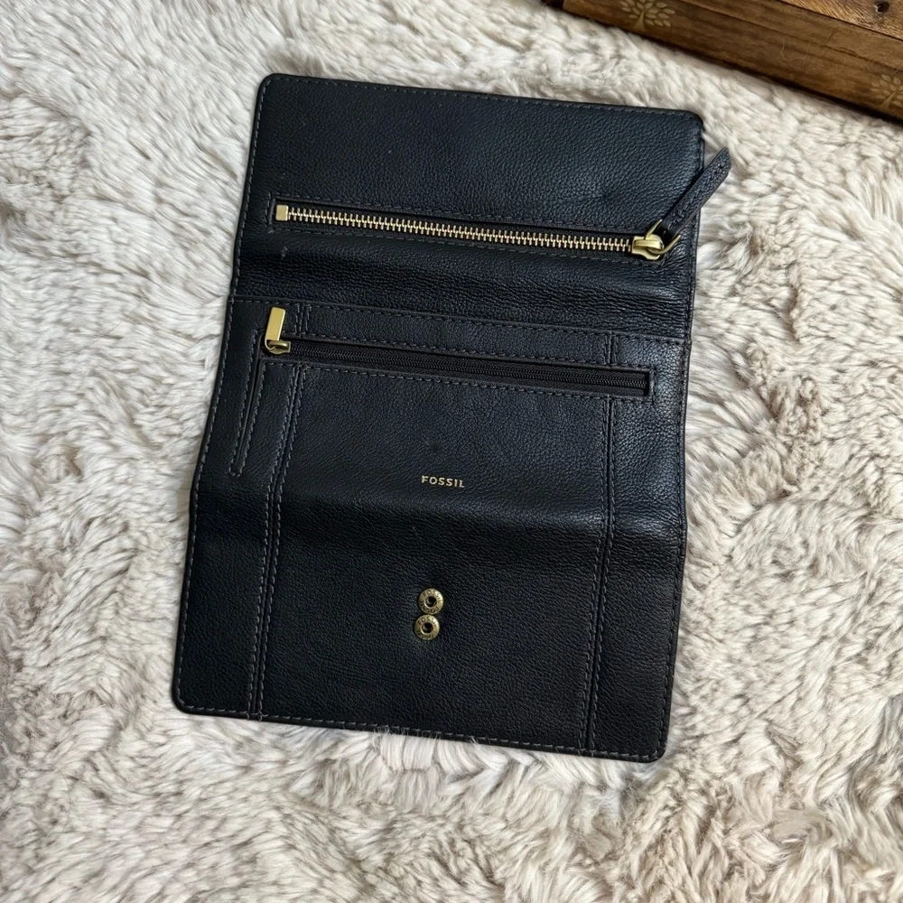 NWT Fossil  Black Leather Flap Wallet Bi Fold
